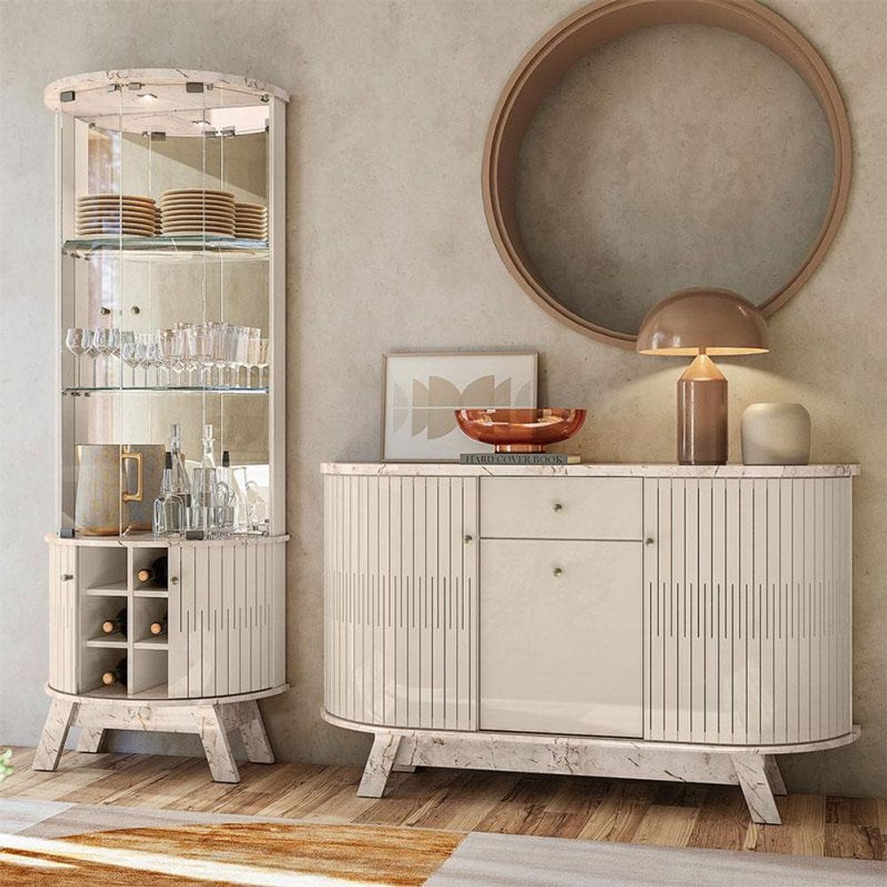 Aparador para Sala Buffet Ambiente Monza e Cristaleira Marina Calacata Off White - Madetec