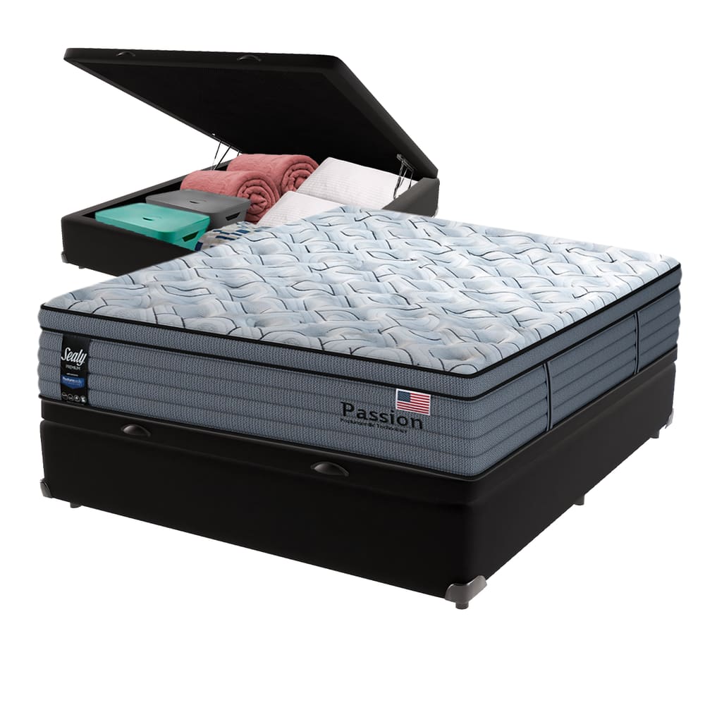 Cama Box Baú Preto e Colchão Casal Passion Posturepedic Pillow Cloud Sealy