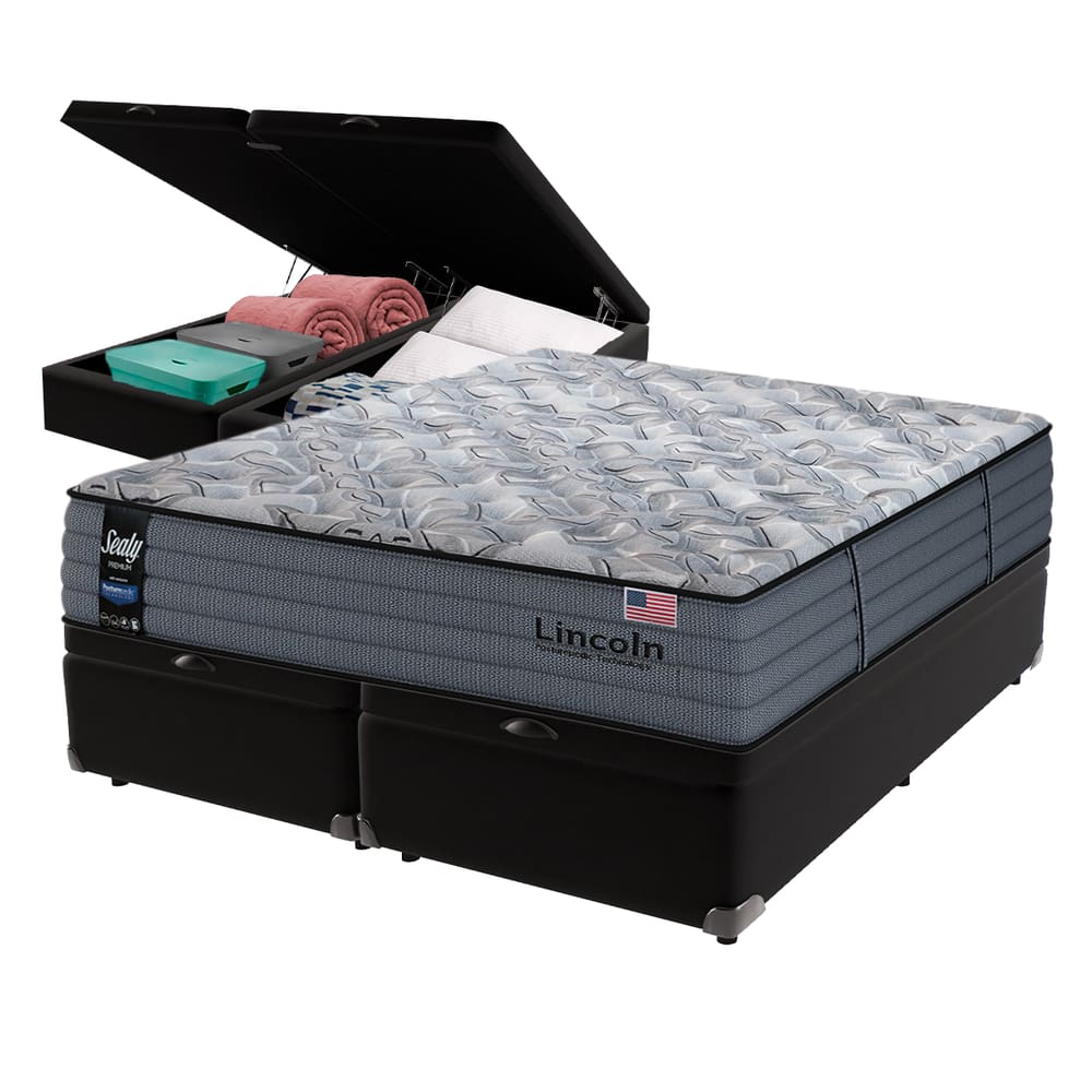 Cama Box Baú Preto e Colchão Queen Lincoln Molas Ensacadas Sealy