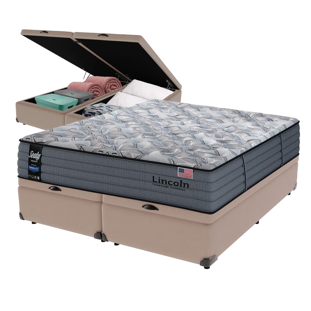 Cama Box Baú Bege e Colchão Queen Lincoln Molas Ensacadas Sealy