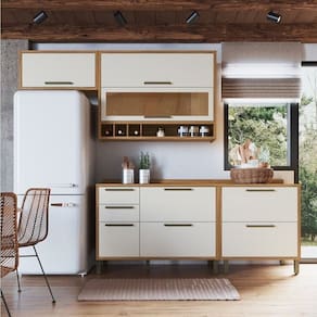 Cozinha Compacta 200cm com 4 Peças 4 Prateleiras e Vidro Reflecta 100% MDF Vicenza Espresso Móveis Amêndoa/Off White