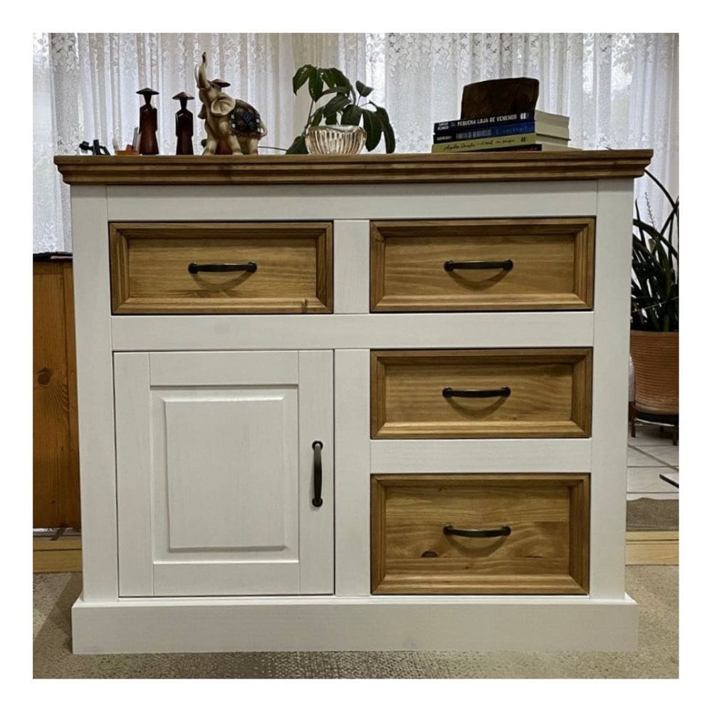Balcão de Madeira Lavado e Cera 1 Porta 4 Gavetas | Coleção England Branco lavado/Cera natural com toque acetinado