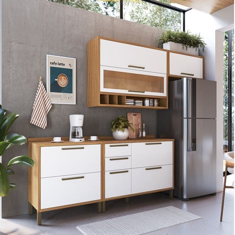 Cozinha Compacta 200cm com 4 Peças Vidro Reflecta e 3 Gavetas 100% MDF Vicenza Espresso Móveis Amêndoa/Branco
