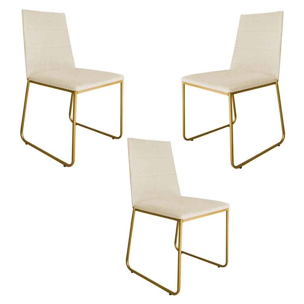 Kit 03 Cadeira de Jantar Estofada Lille Base Gold Courino Bege - Montanaris Decor