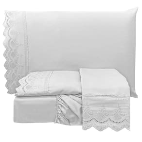 Jogo Cama Lençol Loren Casal Padrão Bordado Inglês Micro Percal 300 Fios 4 Peças - Branco