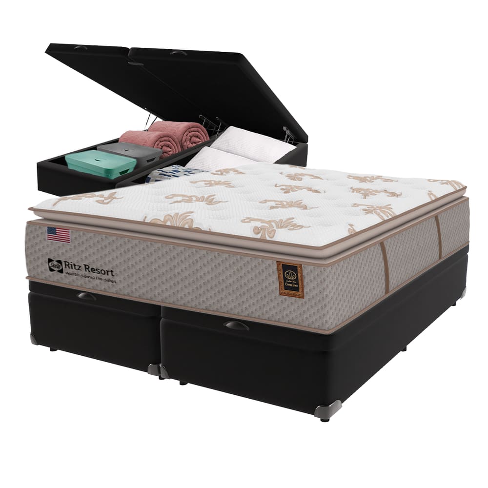 Cama Box Baú Preto e Colchão Queen Ritz Resort Pillow High Tech Sealy