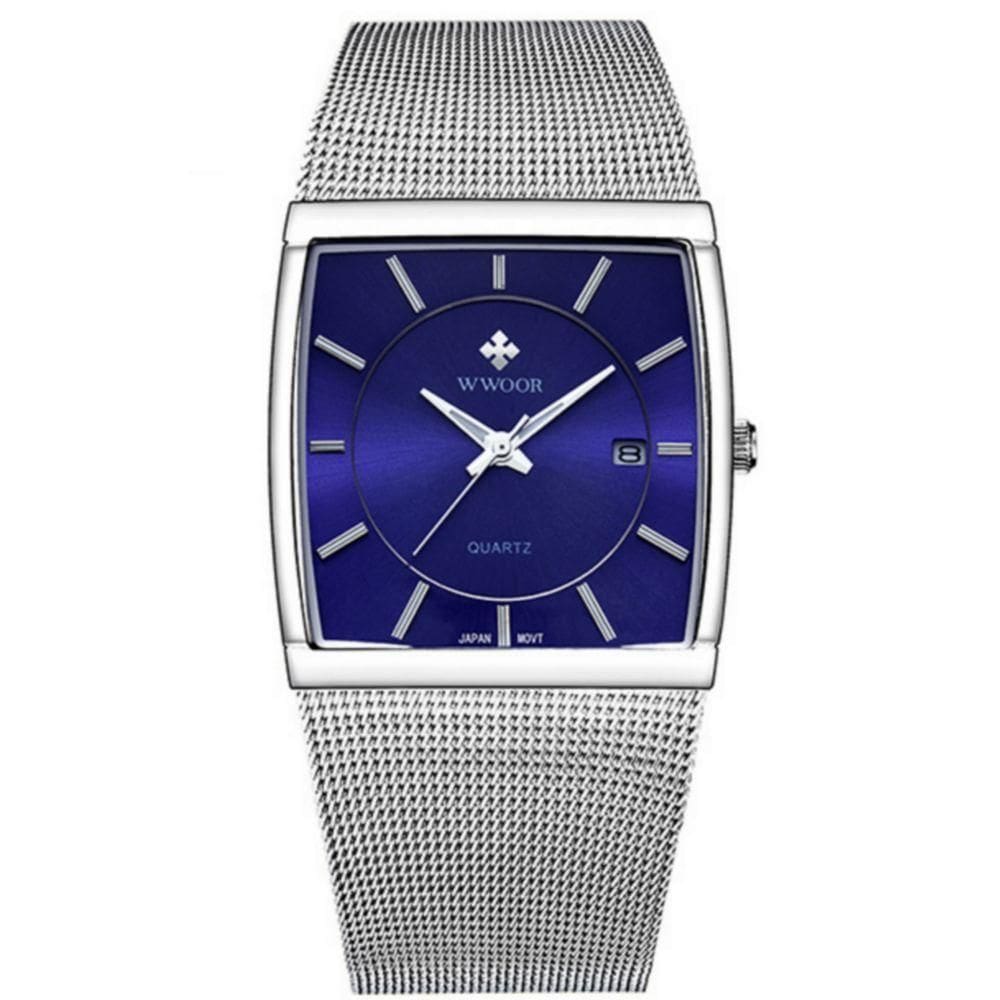 Relógio De Quartzo Masculino Design Quadrado De Malha De Aço Inoxidavel Impermeável Azul Prata