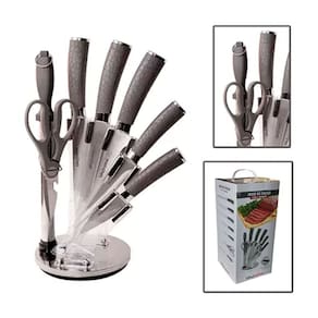 Jogo de Facas Inox Cabo Ergonômico Texturizado 7 Peças e Suporte Giratório Linha Premium