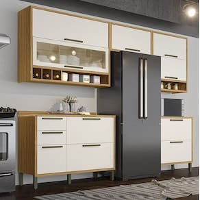 Cozinha Compacta Ind 280cm 5 Peças Vidro Reflecta Balcões e Tampos 100% MDF Vicenza Espresso Móveis Amêndoa/Off White