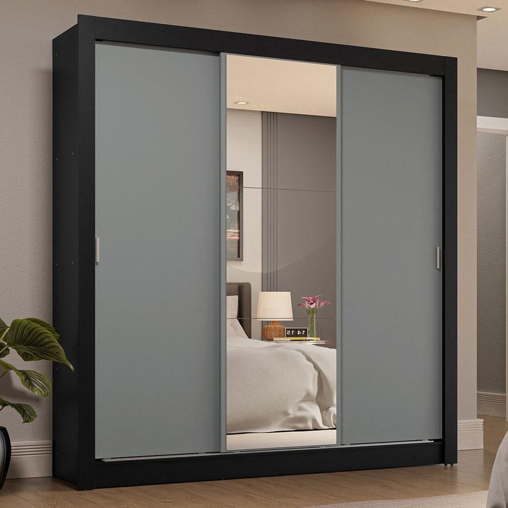 Guarda-Roupa Casal 3 Portas de Correr com Espelho 4 Gavetas Preto/Cinza Sublime Plus Madesa