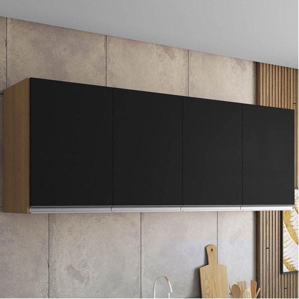Armário Aéreo Para Cozinha Ambiente Andréia 4 Portas 150 Cm Amendoa Preto - Ajl