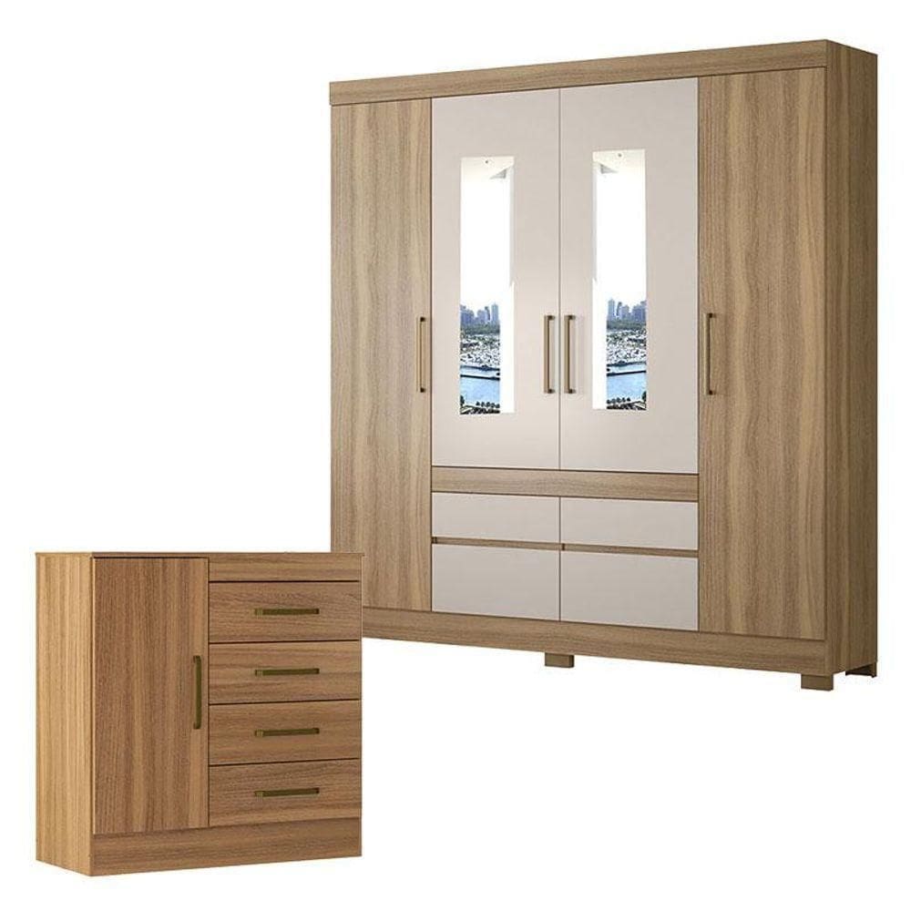 Cômoda Montevidéu E Guarda Roupa Casal Bilbao Amêndola Off White Com Espelho - Demóbile