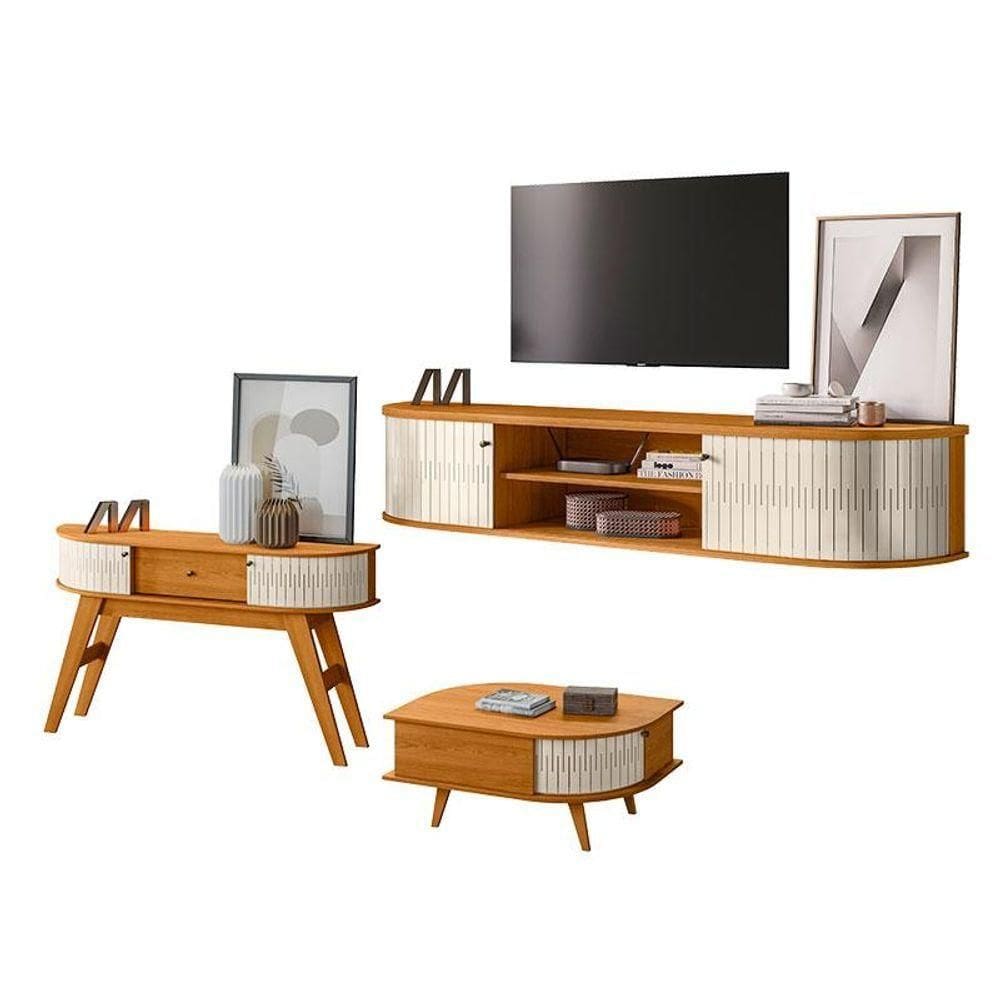 Rack Bancada Suspensa Algarve Com Aparador Estoril E Mesa De Centro Indianápolis Cinamomo Off White - Madetec