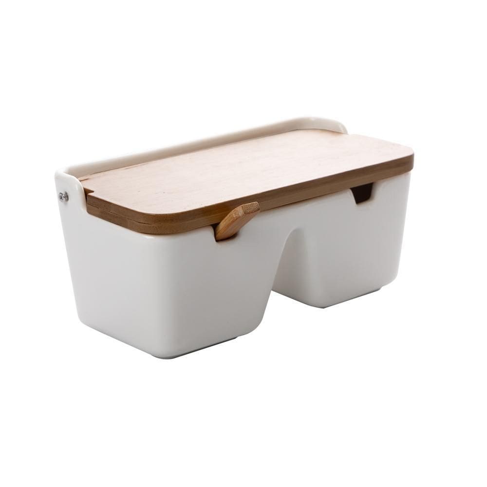 Saleiro duplo de Cerâmica e Bambu com Colher Bianco 19cm