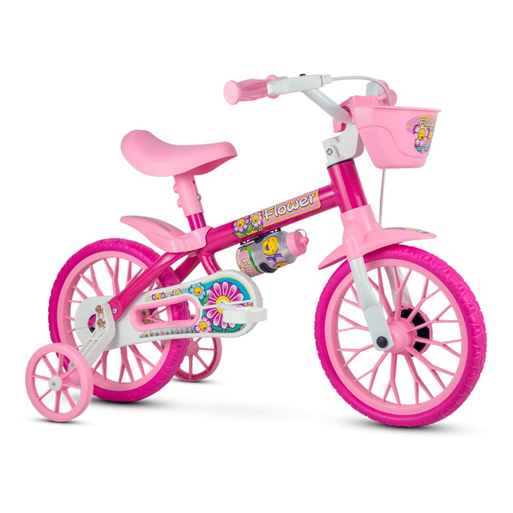 Bicicleta Infantil Aro 12 Com Rodinhas Bike Criança Menina Flower Nathor Rosa