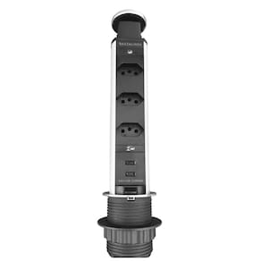 Torre de Tomada com Tampa Inox Multiplug 3 Tomadas 2 USB