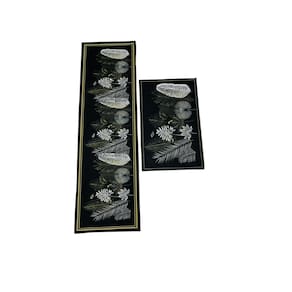 Kit 2 Tapetes Passadeira e Porta Aveludado Cristal 120X40Cm Preto Floral