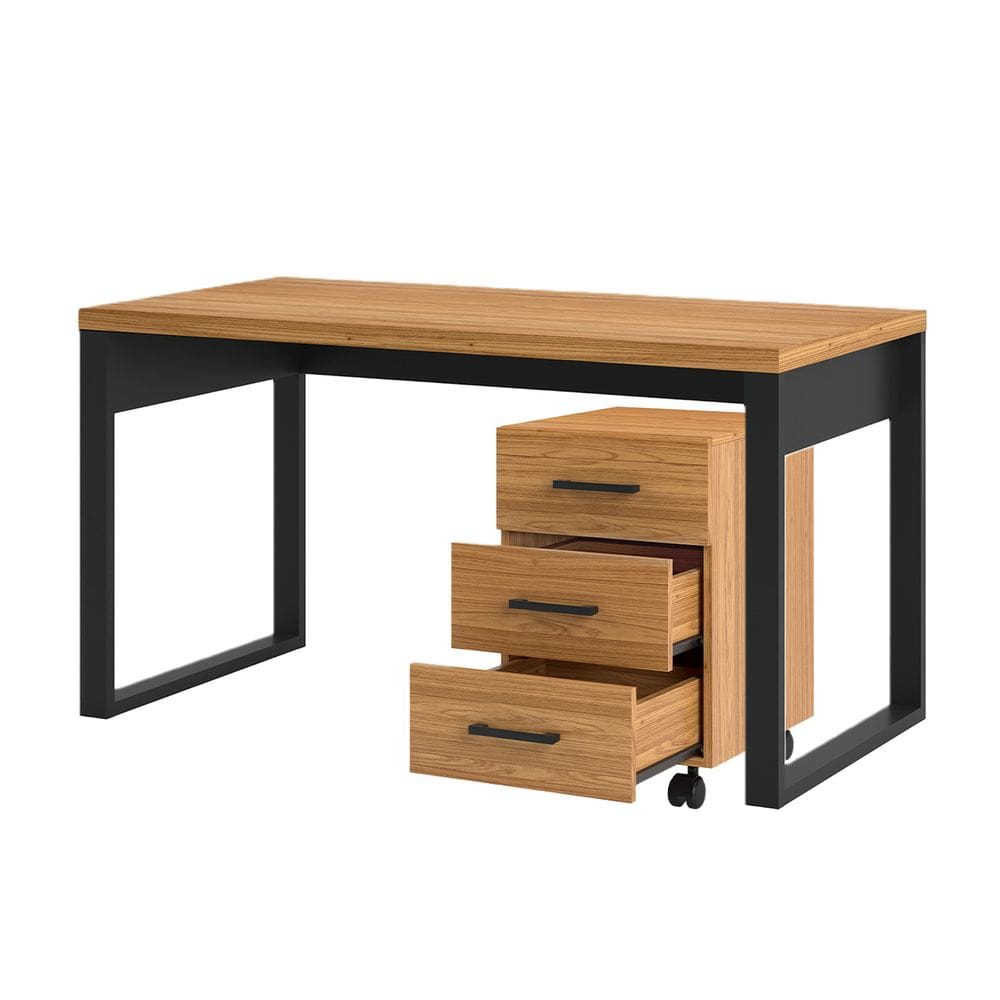 Mesa Escrivaninha com Gaveteiro Office Industrial 135x68 Cm MDF Freijó Preto Pradel