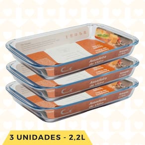 Kit 3 Lasanheiras Assadeira 2,2L Travessas Vidro Forte Medio