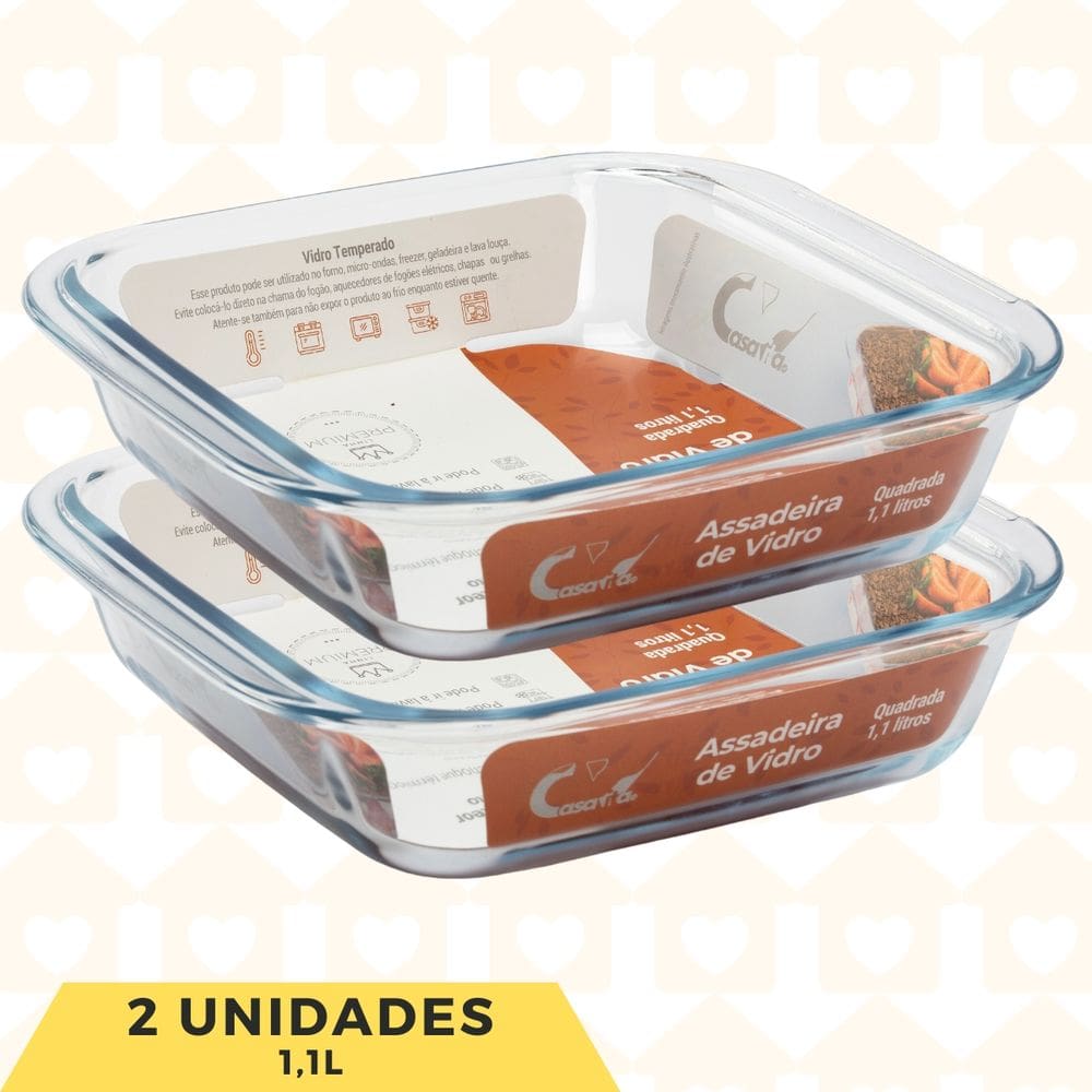 Assadeira Forma Vidro Trasparente Quadrado 1,1L S/ Tampa 2un