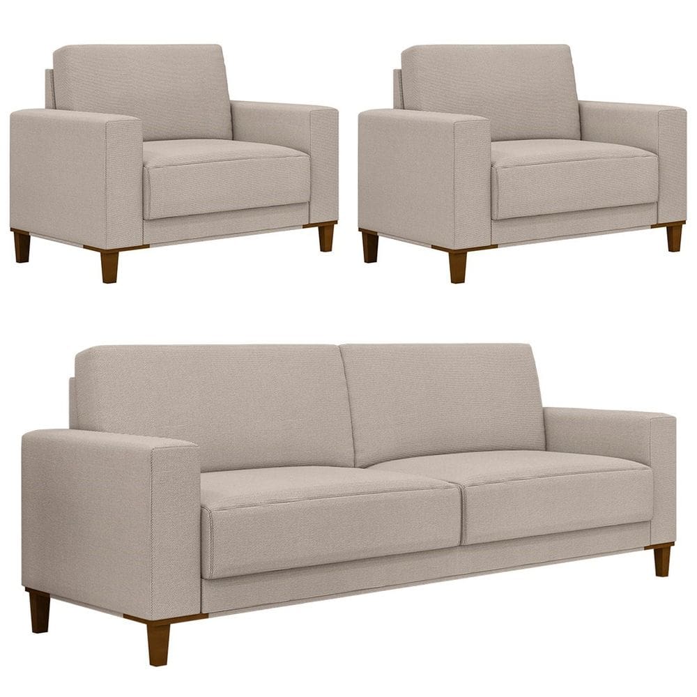 Sofá 3 Lugares 214cm Com 02 Poltronas Zaire M22 Linho Areia    - Mpozenato