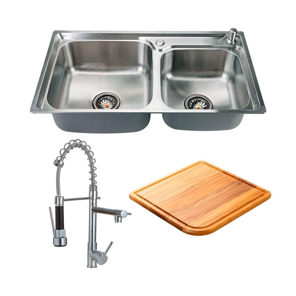 Kit Cuba Dupla Gourmet para Cozinha com Acessórios Aço Inox 201 78x43cm Potiguara Torneira Misturador Monocomando Munim e Tábua de Corte Pingoo.casa