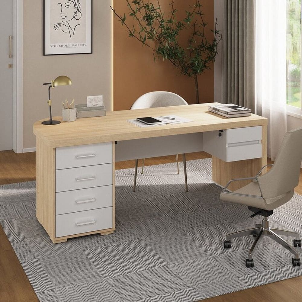 Kit 2 Peças com Mesa para Escritório Diretor em Tamburato Le com Gavetas e Gaveteiro Suspenso Carvalho/Branco