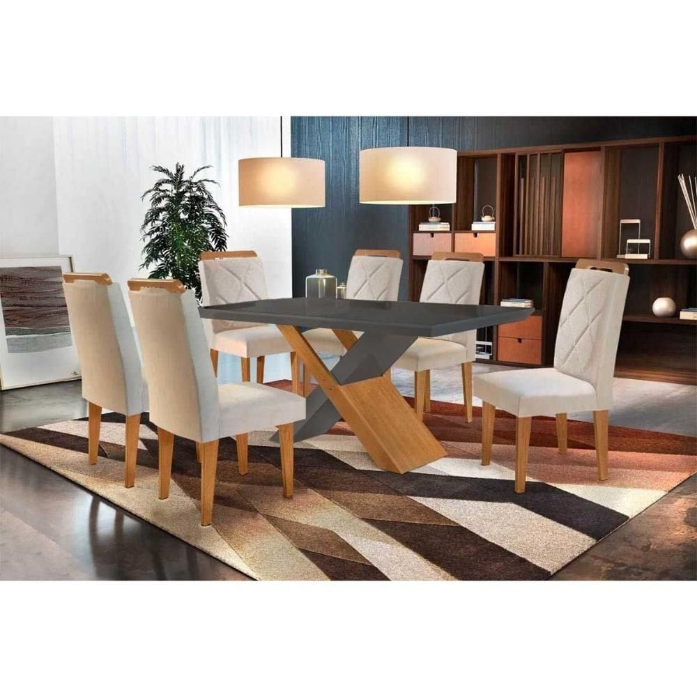 Sala de Jantar Completa Imperatriz Tampo Madeirado c/ Vidro Curvo 180x90 e 6 Cadeiras Melissa Imbuia - Veludo Creme - Rufato