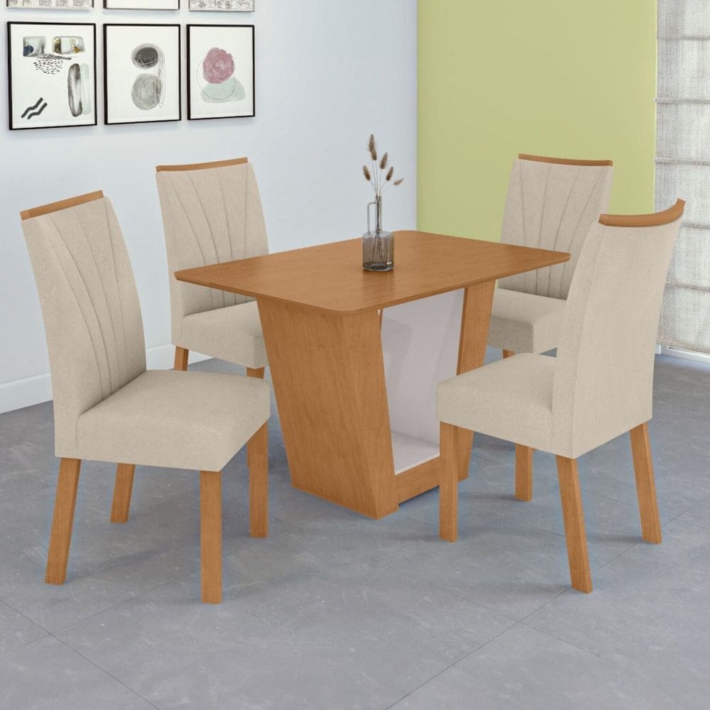 Conjunto Sala de Jantar Mesa 120cm Tampo Mdf no Glass 4 Cadeiras Apogeu Amêndoa/Off White/Creme