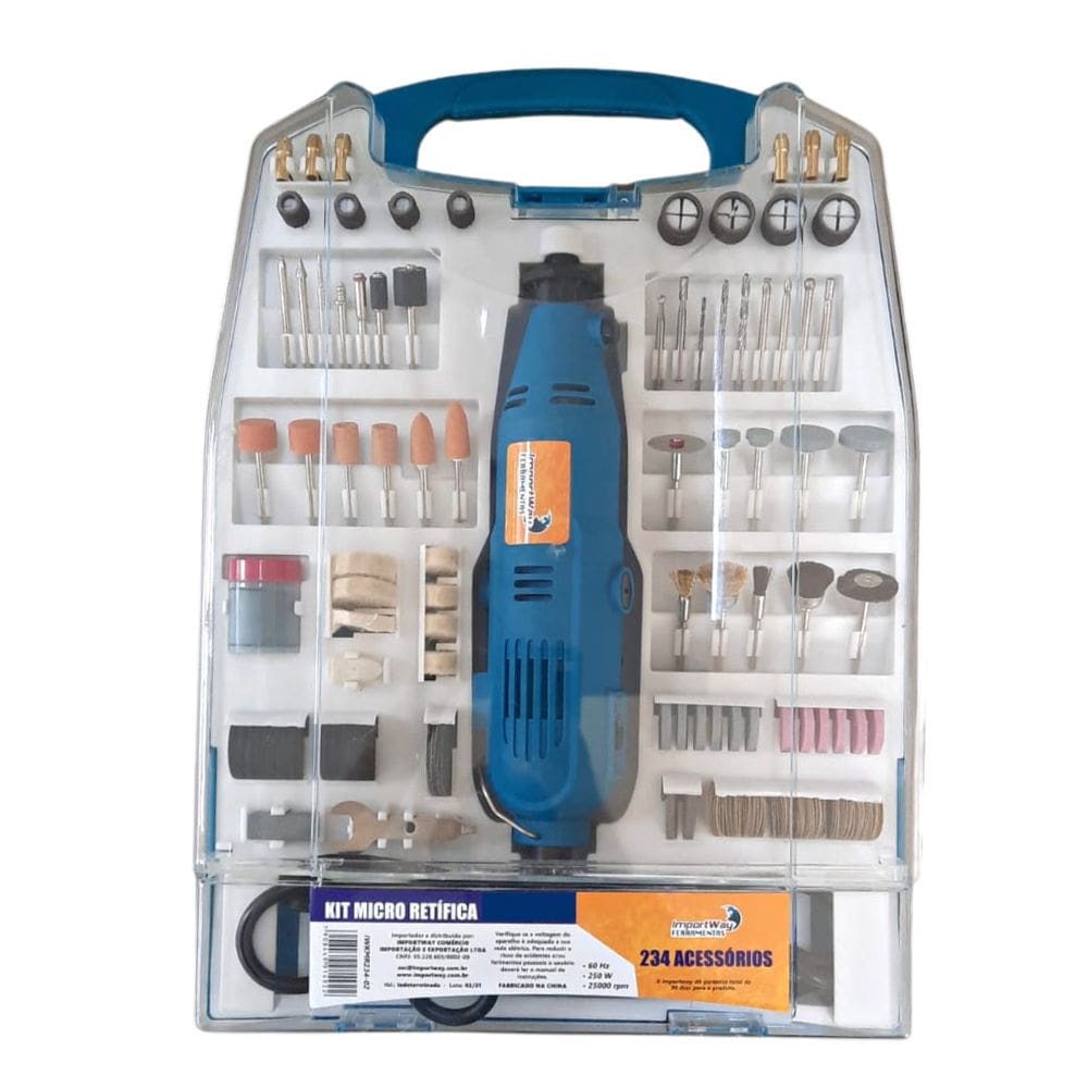 Kit Micro Retífica 234 Pçs Acessórios Ferramentas 250W Maleta Retificadeira Azul Importway Iwkmr234