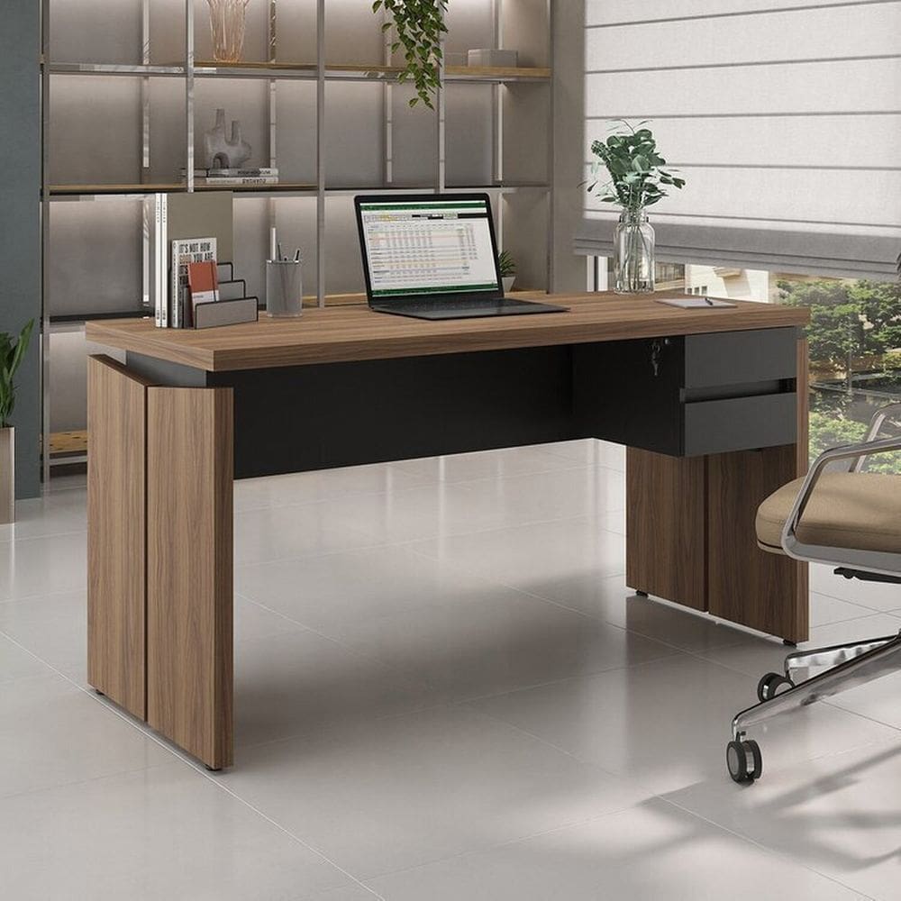 Kit 2 Peças com Mesa Operacional para Escritório 1450 com Design em Y e Gaveteiro Suspenso Nogal/Preto