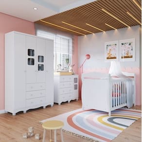 Quarto de Bebê com Guarda Roupa e Cômoda com Janelas e Berço Americano Nina 100% Mdf Espresso Móveis Branco Brilho