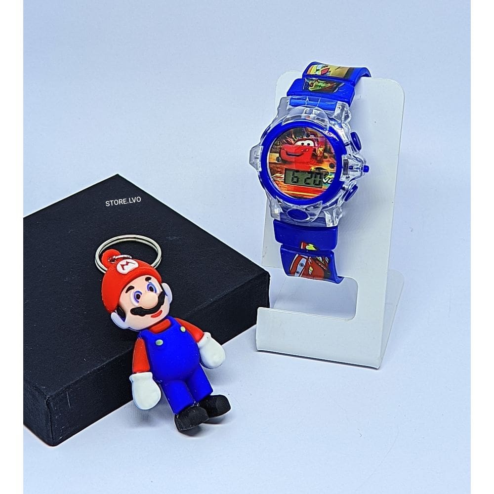 Kit Relógio Infantil Digital Pisca Luz Led + Chaveiro mini Boneco 3D Super Heróis Crianças Homem Aranha Minnie Frozen