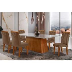 Sala de Jantar Completa Luna Tampo Madeirado c/ Vidro Canto Reto 180x90 e 6 Cadeiras Amsterdã Imbuia - Veludo Capuccino - Rufato