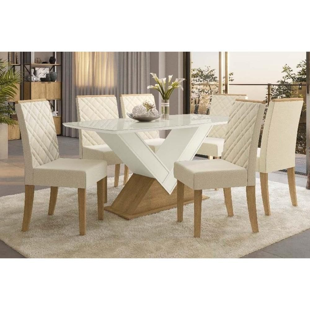 Sala de Jantar Completa Amora Tampo Madeirado c/ Vidro 90x170cm e 6 Cadeiras 2CAD149 Freijo/Off White/Vidro Off White - Freijo/Linh - Kappesberg