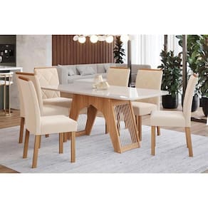 Sala de Jantar Completa Carol Tampo Madeirado c/ Vidro 180x90cm e 6 Cadeiras Fernanda Madeirado/Suede Nude Bege - Cimol