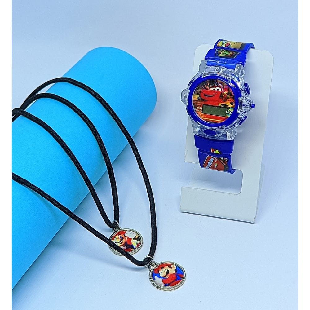 Kit Relógio Infantil Digital Pisca Luz Toca Musica + Colar de Amizade Best Friends Personagem Aranha Frozen Friend Moda