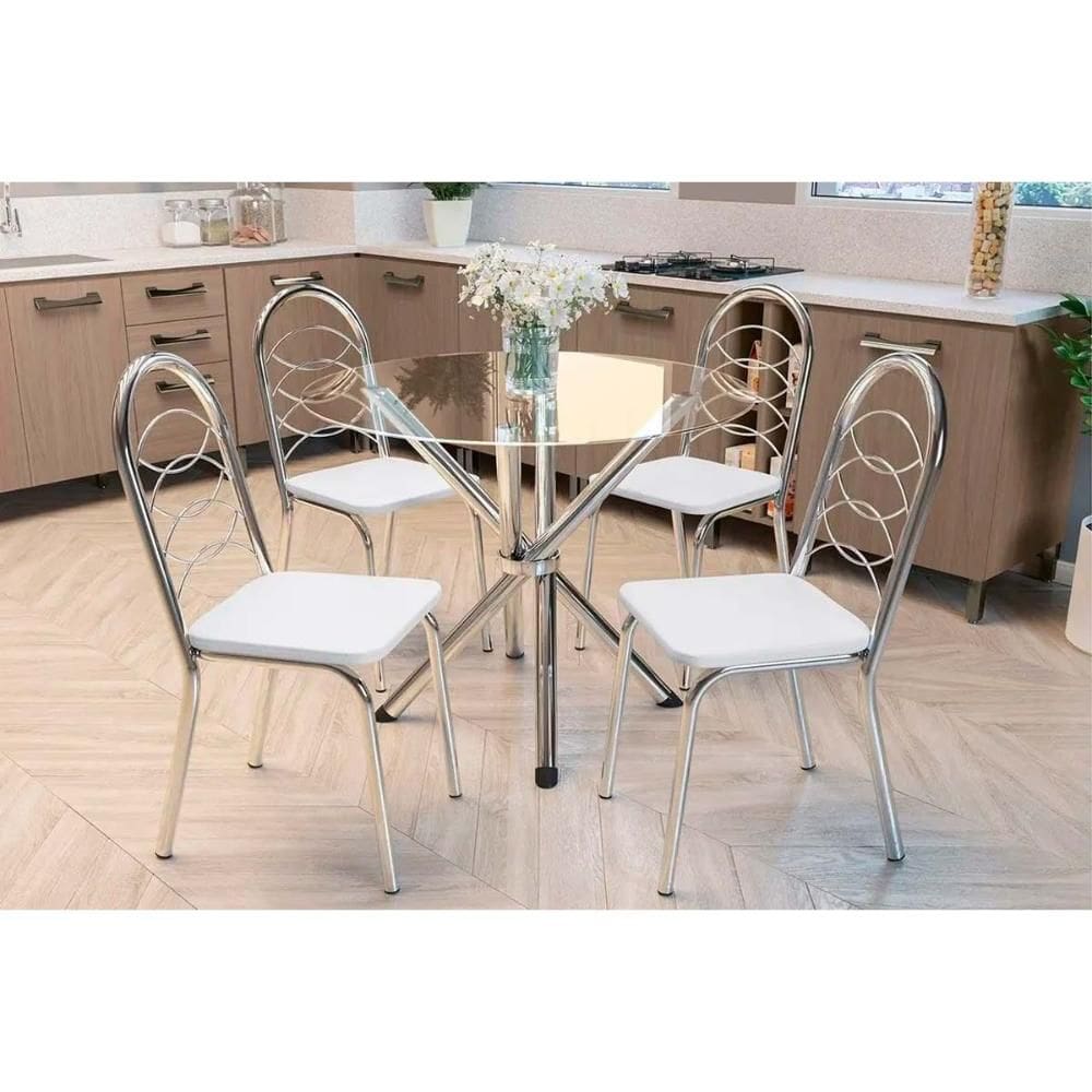 Sala de Jantar Completa Volga Tampo de Vidro 95x95cm e 4 Cadeiras Holanda Cromada - Branco - Kappesberg