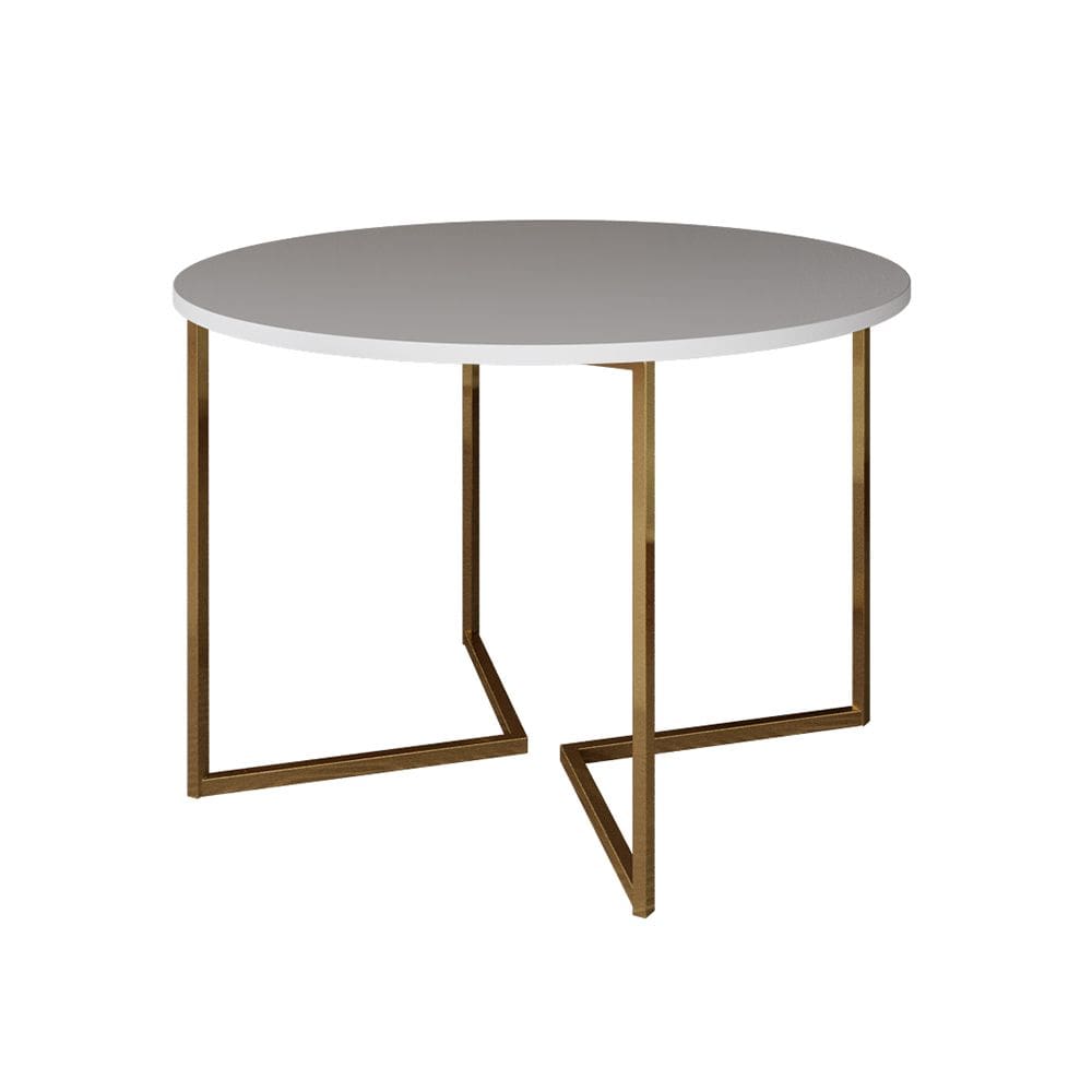 Mesa de Jantar Industrial Redonda Branca 110cm Base V Dourada