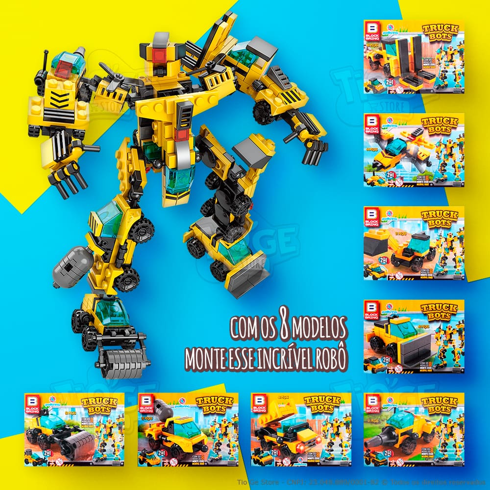 Kit Completo Truck Bots Robô Transformers 8 Caixas Blocos de Montar e Desmontar Caminhões 2 em 1 Block Brinq 345 Peças