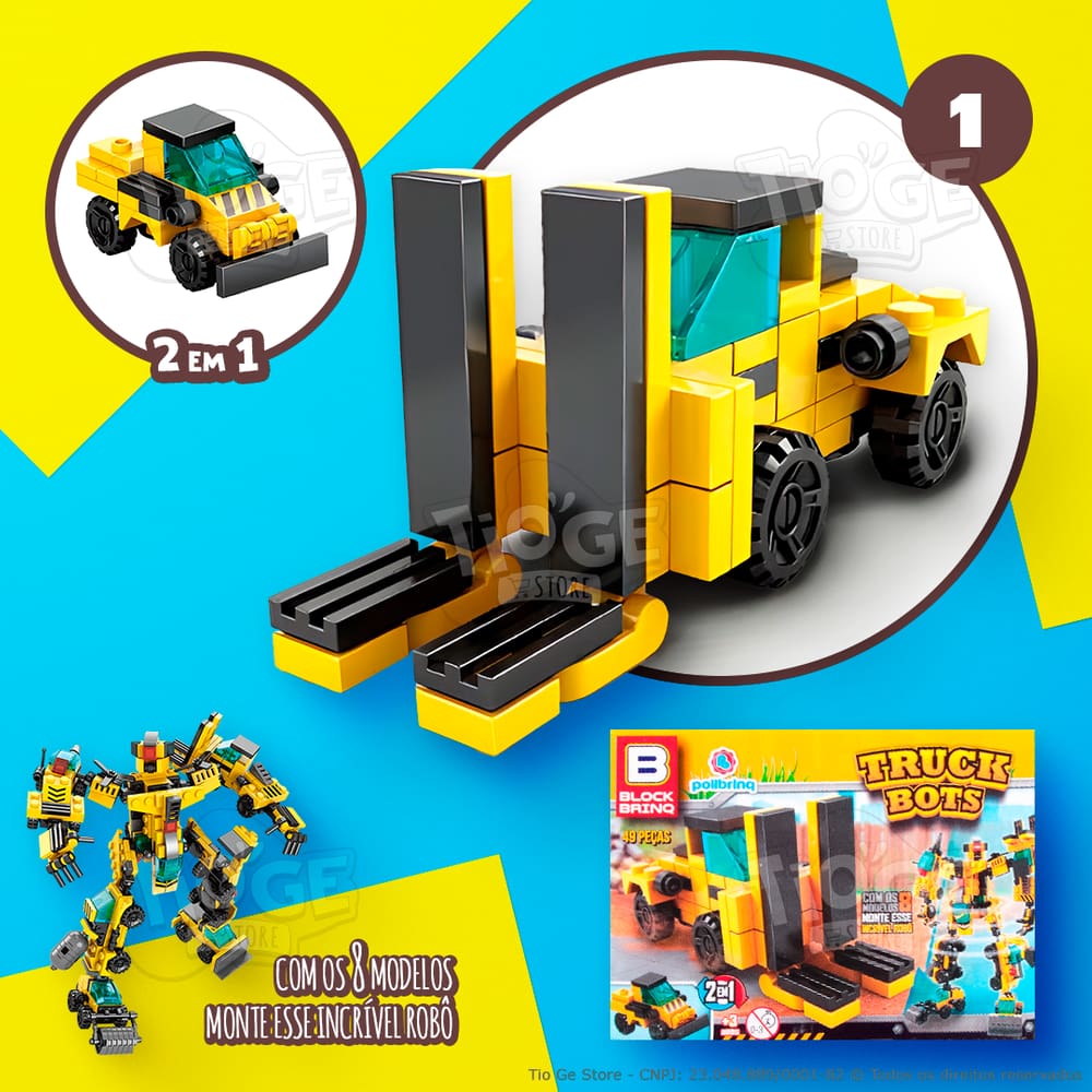 Blocos de Montar e Desmontar (Nº 1) Caminhão Empilhadeira 2 em 1 Robô Transformers Truck Bots Block Brinq 49 Peças
