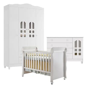 Quarto De Bebê New Selena 4 Portas Com Cômoda Gran Selena E Berço Mirelle Branco Brilho