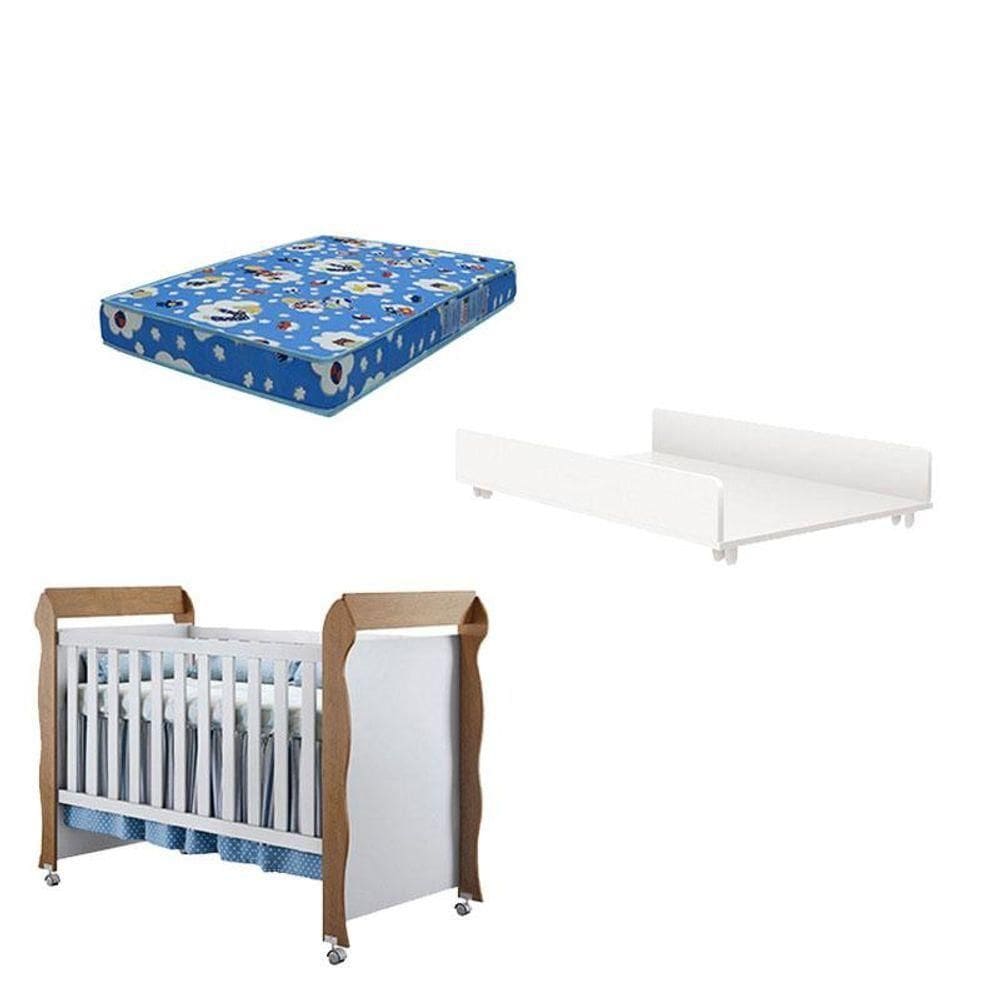 Berço Americano Mirelle Trocador Juju Branco Acetinado E Colchão - Carolina