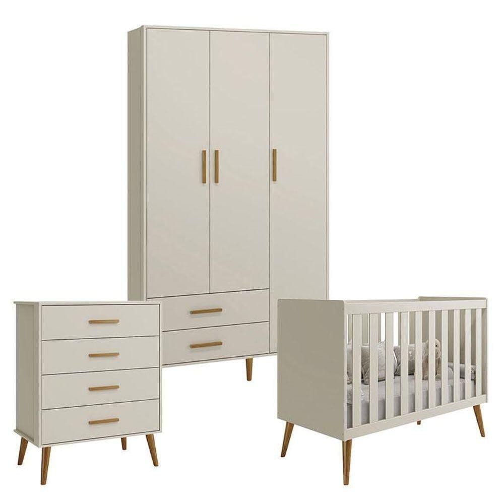 Quarto De Bebê Isis 3 Portas Com Gaveteiro Areia Acetinado - Reller