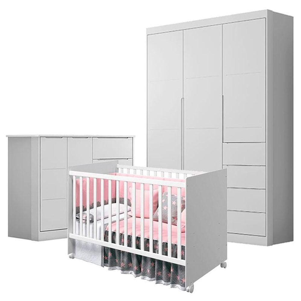 Quarto De Bebê Eloá Com Berço Americano Tico Branco Acetinado - Phoenix Baby