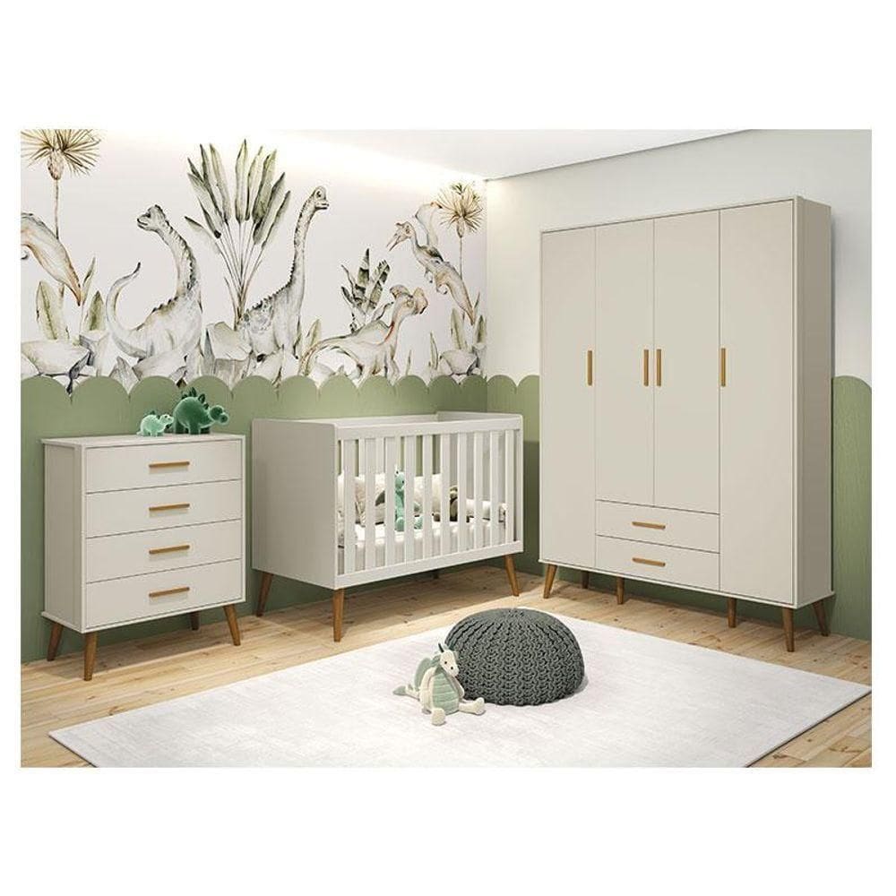Quarto De Bebê Isis 4 Portas Com Gaveteiro Areia Acetinado - Reller