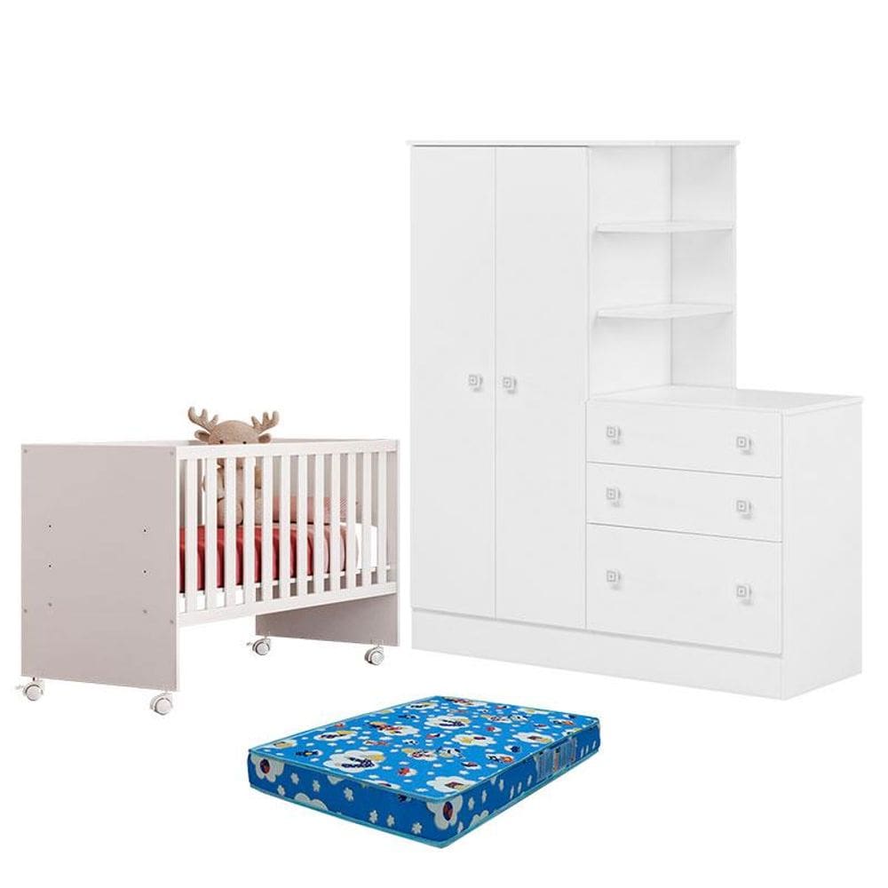 Berço Nacional 3540 e Guarda Roupa com Cômoda 4070 Doce Sonho Branco Brilho e Colchão Ortobom - Qmovi