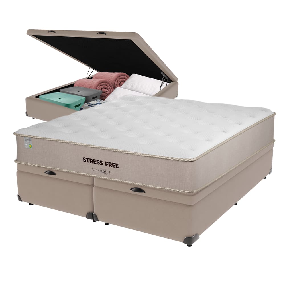 Cama Box Baú Bege e Colchão Queen StressFree Espuma D28 Unique