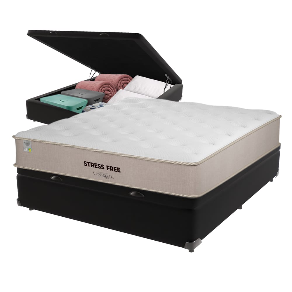 Cama Box Baú Preto e Colchão Casal StressFree Espuma D28 Unique