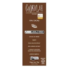 Chocolate 70% Cacau Açúcar Demerara Orgânico Chokolah 70G